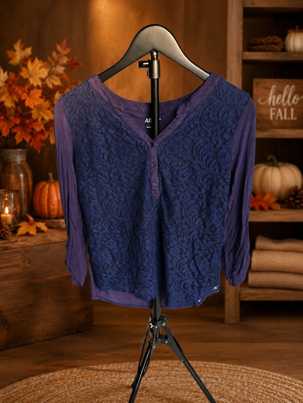 Apt. 9 Purple Lace-Front Henley Long Sleeve Top
